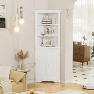 Corner Cabinet, Freestanding Corner Shelf with 2 Doors and 3 Shelves