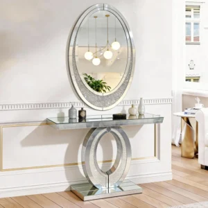 2-Piece Oval-Shaped Silver Mirrored Console Table and Wall Mirror Set, 2 Piece