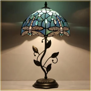 Stained Glass Tiffany Style Table Lamp, Blue Dragonfly Design