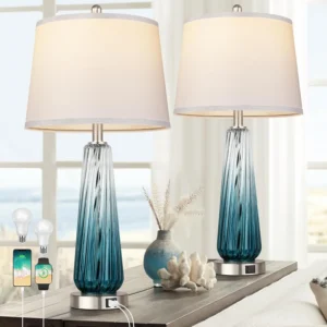 Touch Control Glass Table Lamps Set of 2 with USB A+C Ports, 3-Way Dimmable Nightstand Lamps with White Fabric Shade for Living