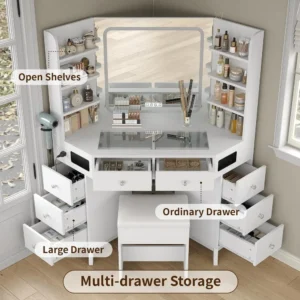 Corner Vanity Desk with Built-in Speaker, 8 Drawers & 6 Shelves