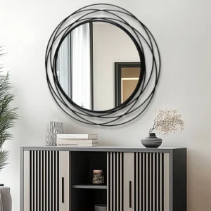 80CM Black Decorative Mirror for Wall Decor Round Iron Wire Frame Living Room Bathroom Entryways Mirror Makeup Vanity Mirror