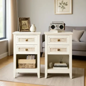 Boho Bedside Table Set of two with 2 Drawers and Open Shelf,