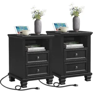 Farmhouse Set of 2  Nightstands Charging Station, Black | End Tables