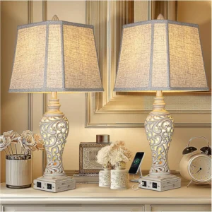 Elegant White Table Lamps Set of two  28.5" tall  with Fabric Shades, USB Ports and Nightlight for Bedroom Living Room