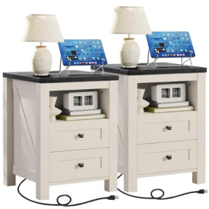 Farmhouse Style Nightstands Set of 2 with Charging Station and 2 Drawers, Farmhouse